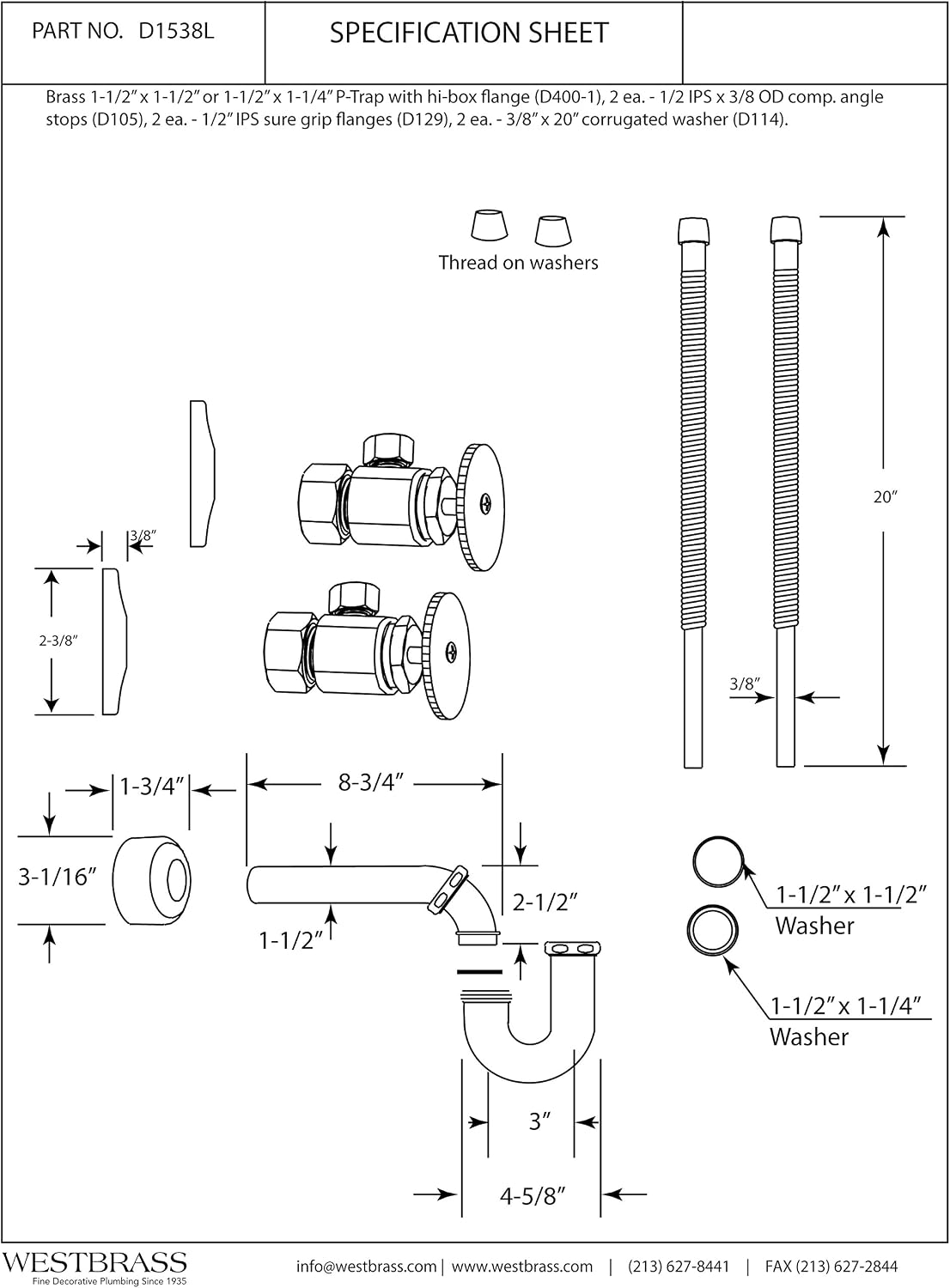 Westbrass D1538L-07 Pedestal Sink Lavatory Supply Line Kit with P-Trap and Round Handle Angle Stops, Satin Nickel