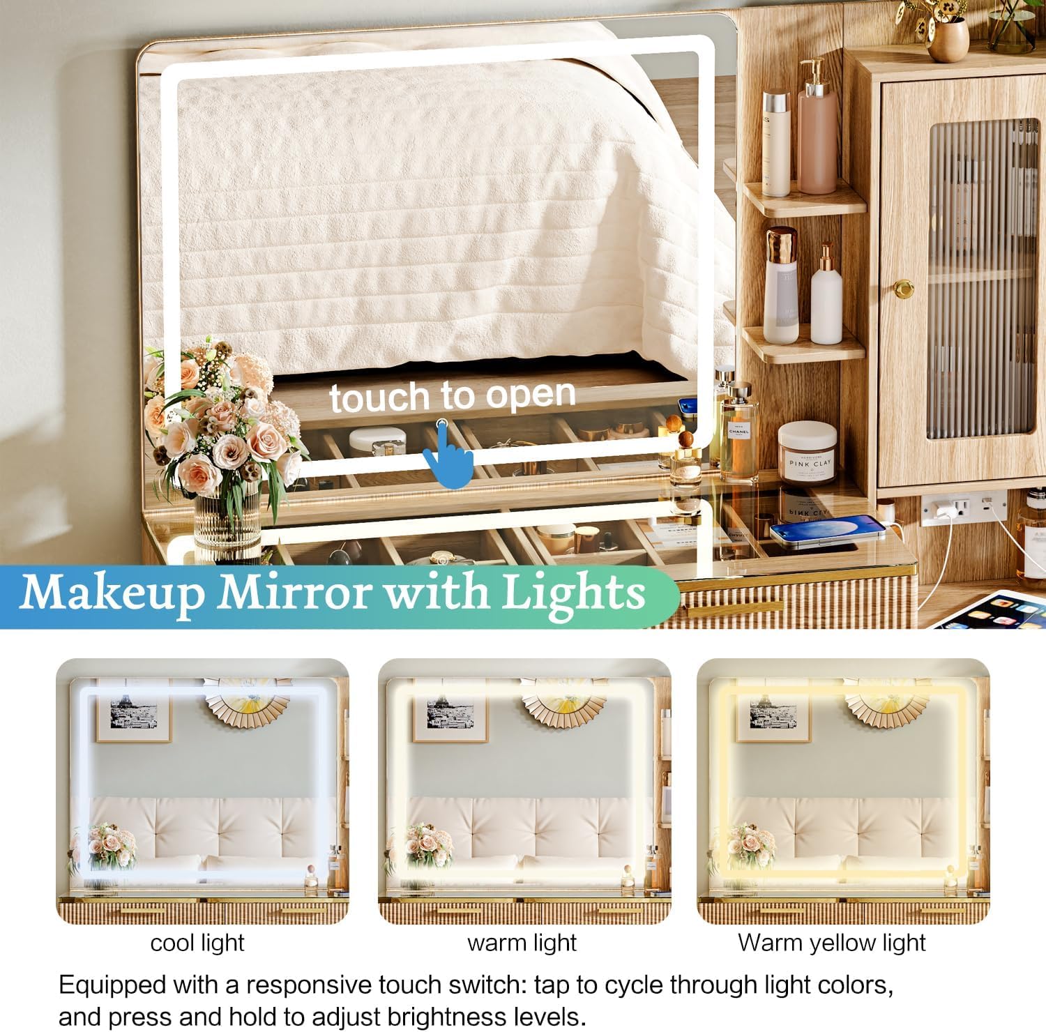 Arulvmrn Vanity Desk with 29.53' HD Lighted Mirror, 47.24' Big Modern Vanity Desk with Mirror and Lights, Makeup Vanity with 5 Drawers and Storage Shelves and Charging Station, Oak