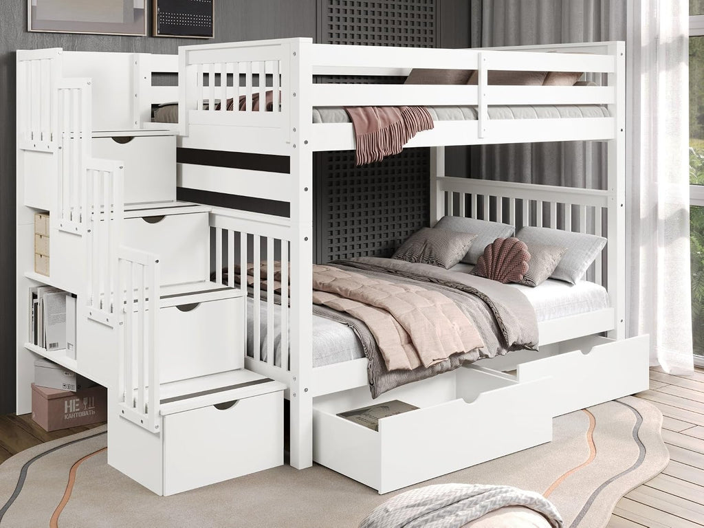Bedz King Stairway Bunk Beds Full Over Full, 4 Step Drawers, 2 Storage Drawers, White