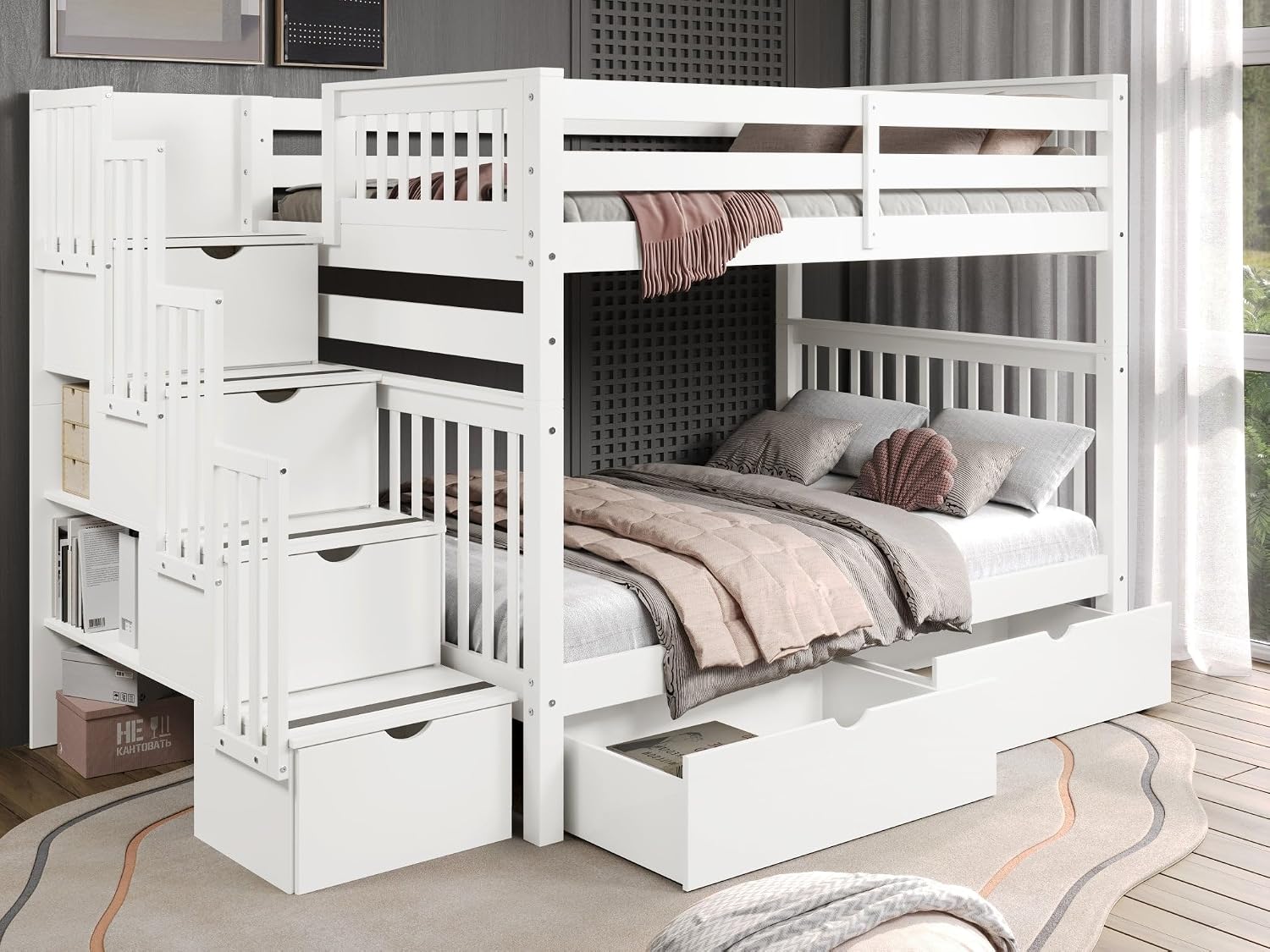 Bedz King Stairway Bunk Beds Full Over Full, 4 Step Drawers, 2 Storage Drawers, White