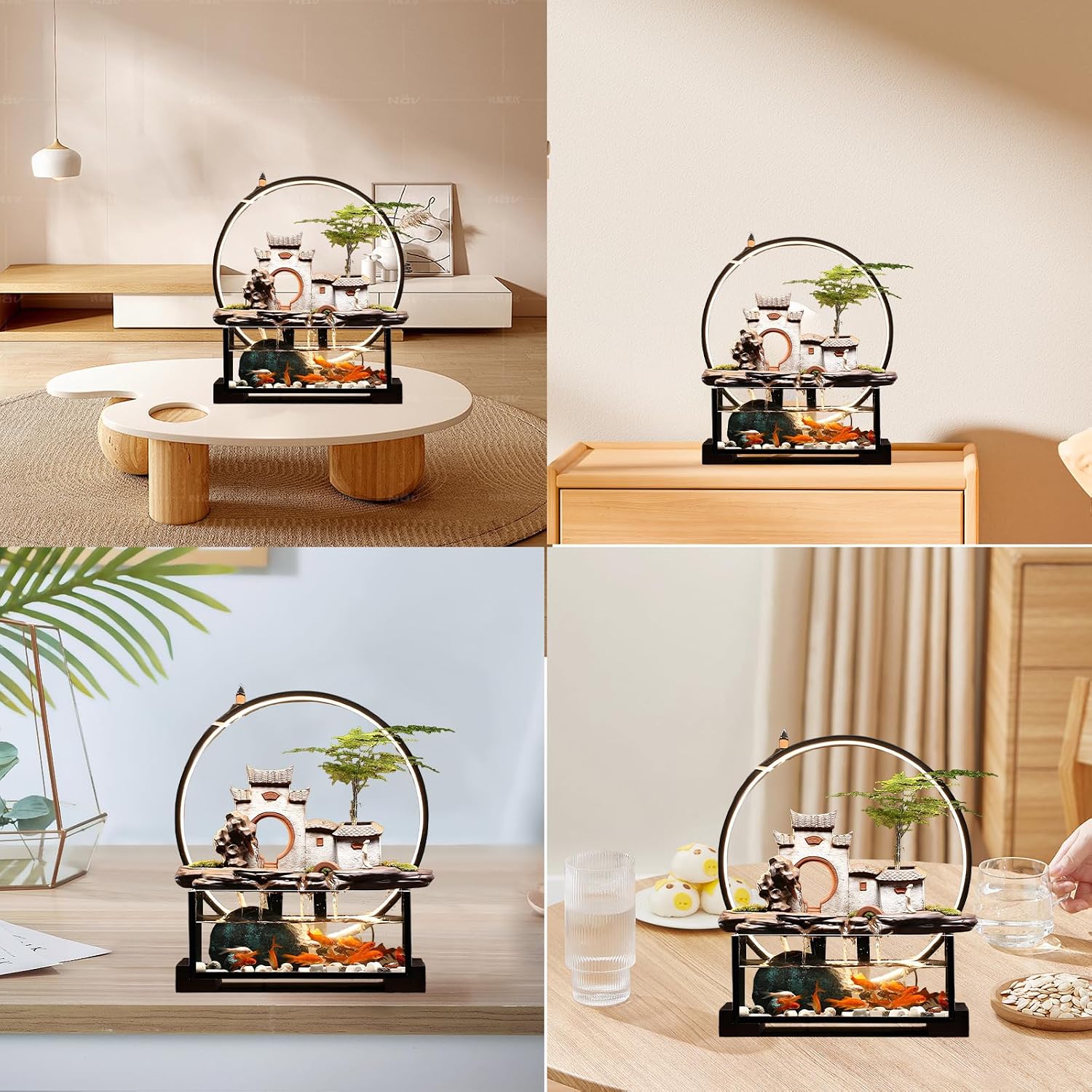 Desktop Ceramic Water Fountain Fish Tank - Adjustable Water Flow with LED Lights | Indoor Decoration Fortune Gifts+15 PCS Free Crystals (Style 3)