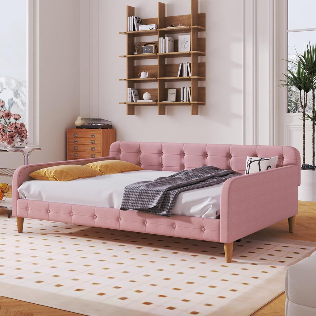 Merax 79' Full Size Linen Upholstered Daybed with 4 Wood Legs,Pink