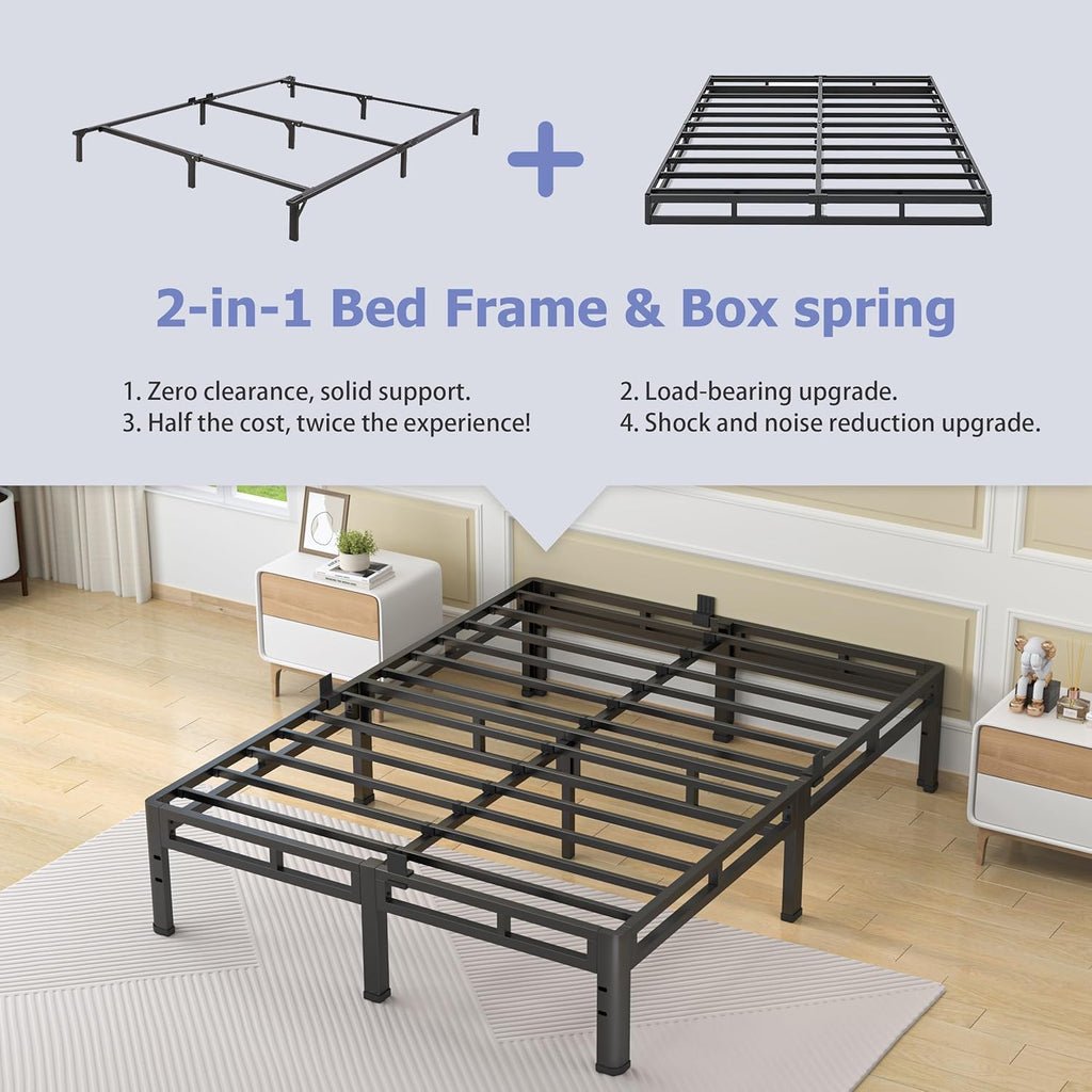 NKZ 12 Inch King Size Bed Frame, Metal Bed Frame & Box Spring 2 in 1 Platform with Round Corner Legs, 4000Lbs Heavy Duty Metal Frame, Mattress Slide Stopper, Headboard Hole, Noise-Free, Easy Assembly