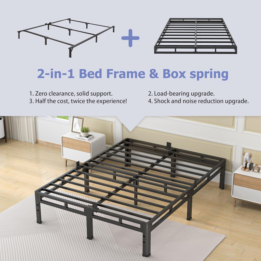 NKZ 12 Inch Queen Size Bed Frame, Metal Bed Frame & Box Spring 2 in 1 Platform with Round Corner Legs, 4000Lbs Heavy Duty Metal Frame, Mattress Slide Stopper, Headboard Hole, Noise-Free, Easy Assembly