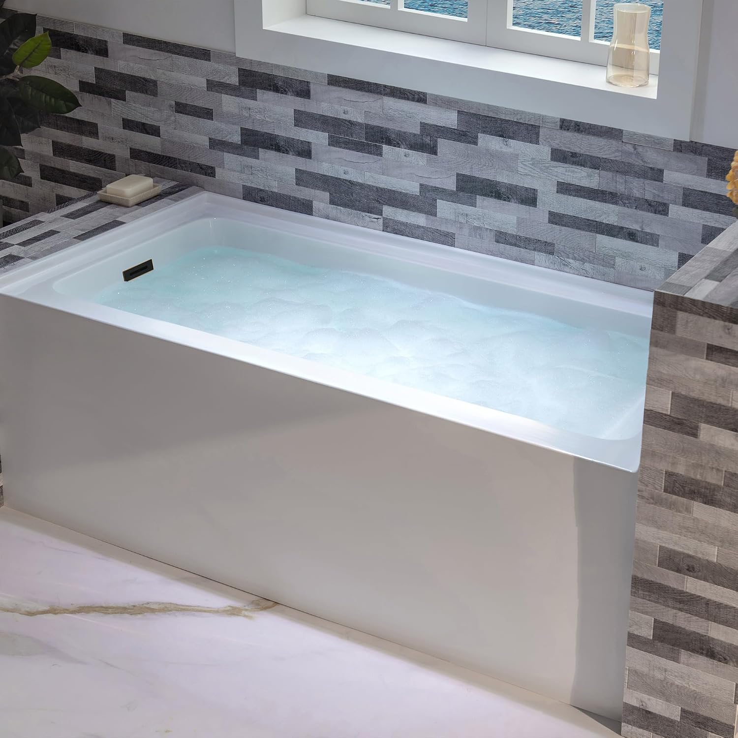 WOODBRIDGE 60' Acrylic Rectangular Alcove Soaking Bathtub in White with Left Drain, Oil Rubbed Bronze pop-up Drain Included, LB429-L