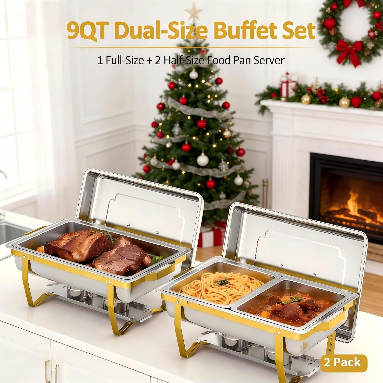 9 QT Chafing Dishes for Buffet Set 2 Pack, Gold Stainless Steel Food Warmers with Serving Utensils Folding Stand, Buffet Servers for Parties, Weddings, Catering, Family Gatherings
