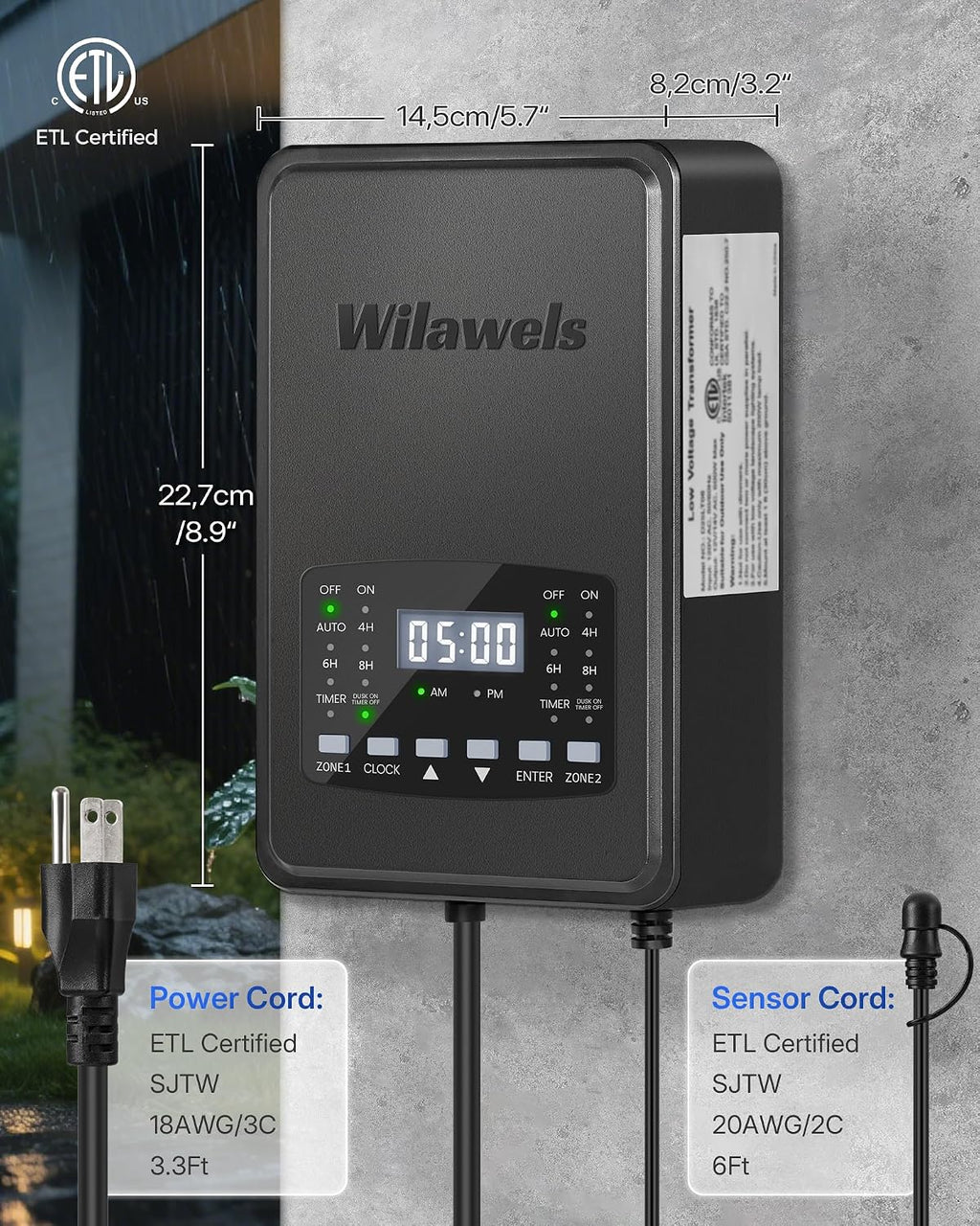600W Low Voltage Landscape Transformer, 2 Zone Independent Control Landscape Lighting Transformer, 120VAC to 12/14V AC Low Voltage Transformer with Timer & Photocell Sensor ETL Listed D25LT06
