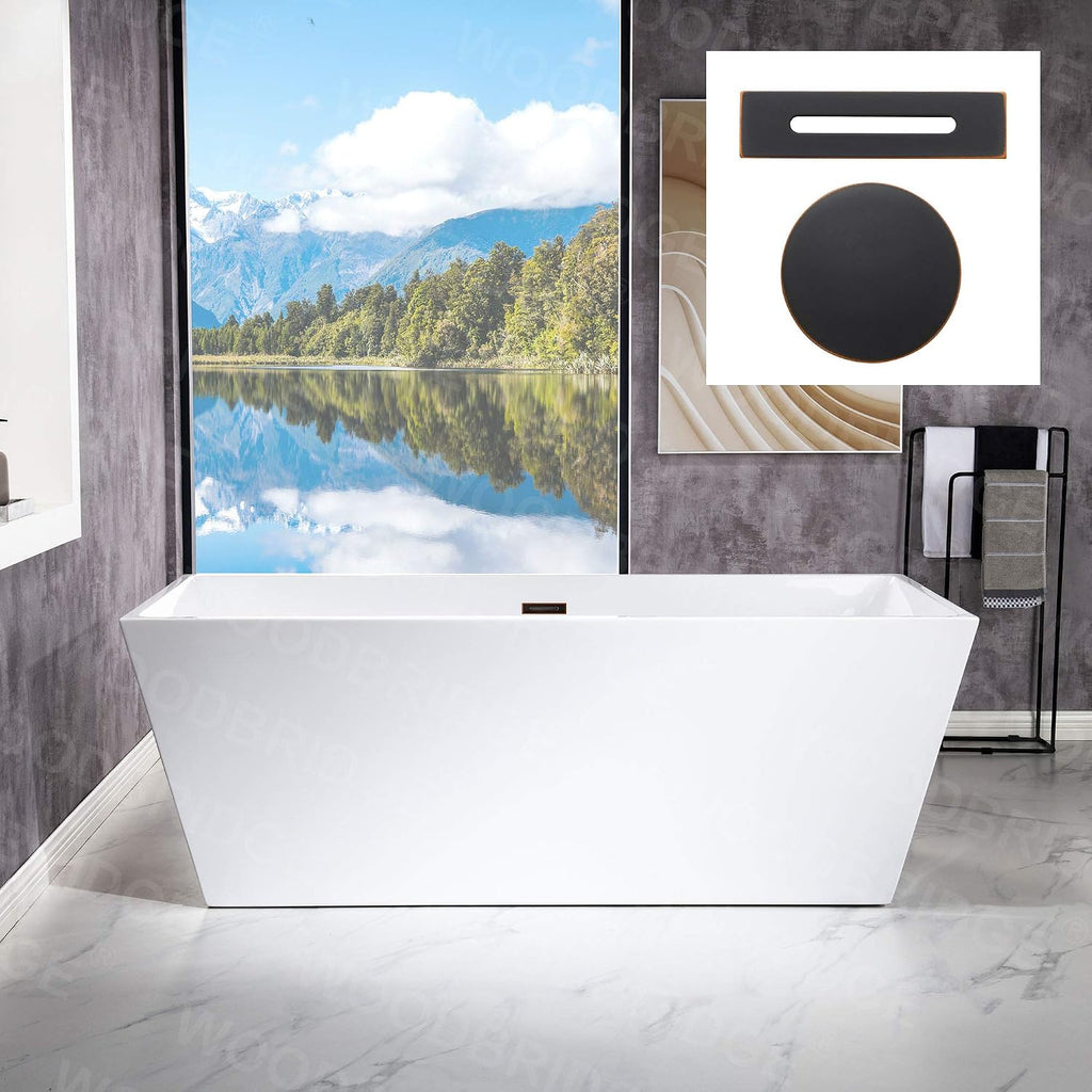 WOODBRIDGE 67' Acrylic Freestanding Bathtub Contemporary Soaking White Tub with Oil Rubbed Bronze Overflow and Drain，BTA1512-ORB-Drain&O