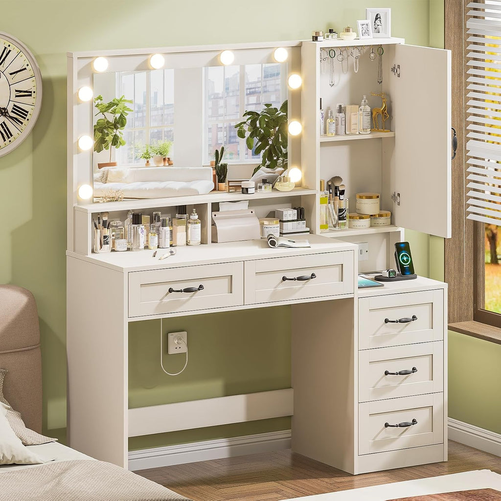 DINGIPP Farmhouse Vanity Desk with Mirror and 10 Led Lights, 45.3' Large Makeup Vanity Table with Power Outlet, 5 Drawers and 1 Cabinet, Vanity Set Dressing Table with 9 Hooks for Women Girls (White)