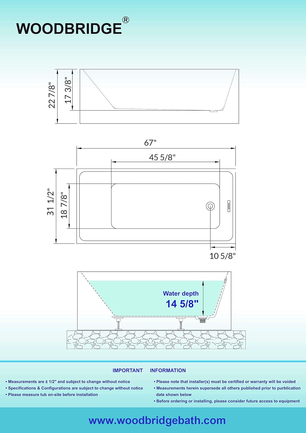 WOODBRIDGE 67' Acrylic Freestanding Bathtub Contemporary Soaking White Tub with Chrome Overflow and Drain，B0086-C-Drain&O