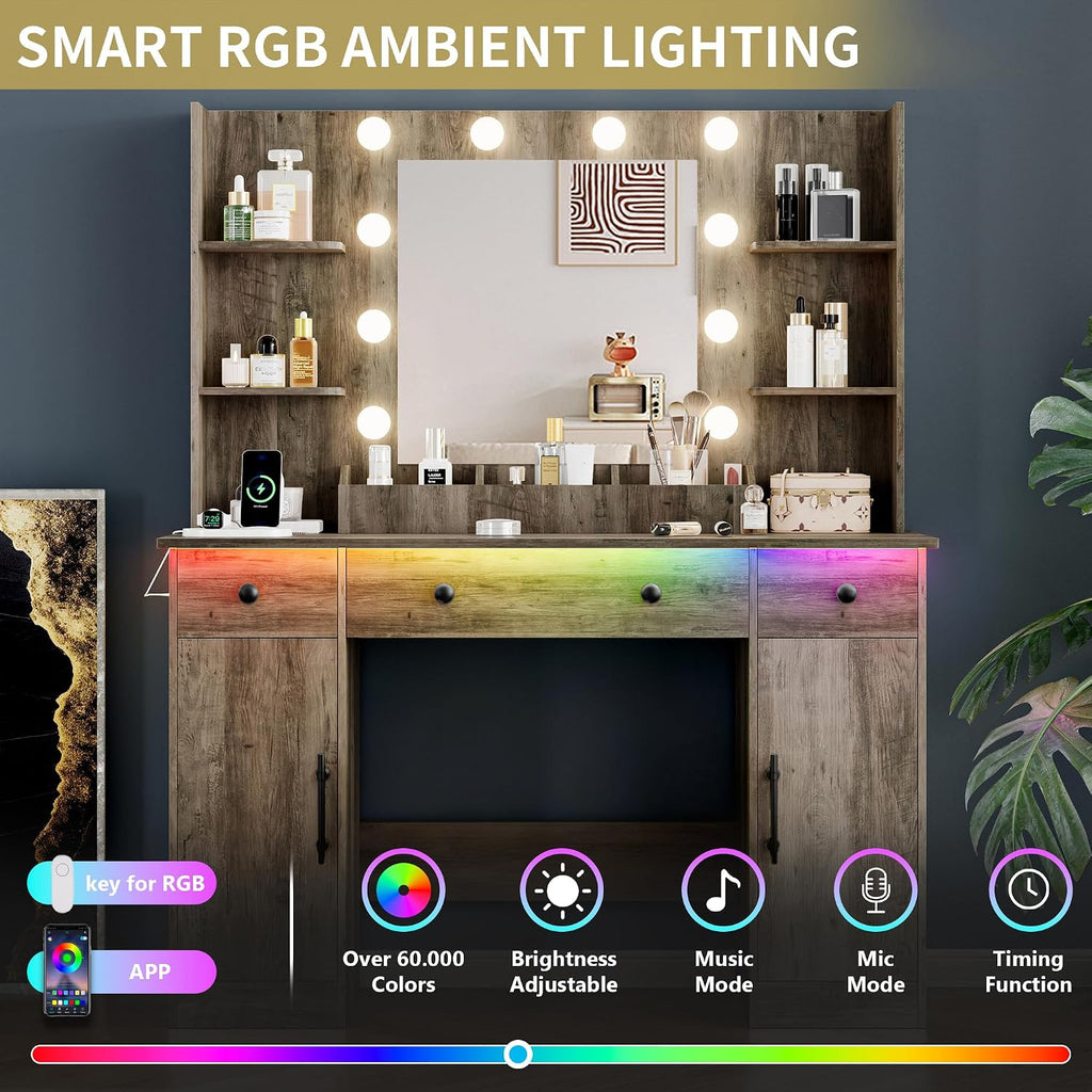 Vanity Desk with Mirror and Lights, 43'' Makeup Dressing Table Set with 5 Drawers & Power Outlet, 3 Lighting Modes Brightness Adjustable, Vanity with RGB Ambient Light for Women Girls Bedroom, Grey