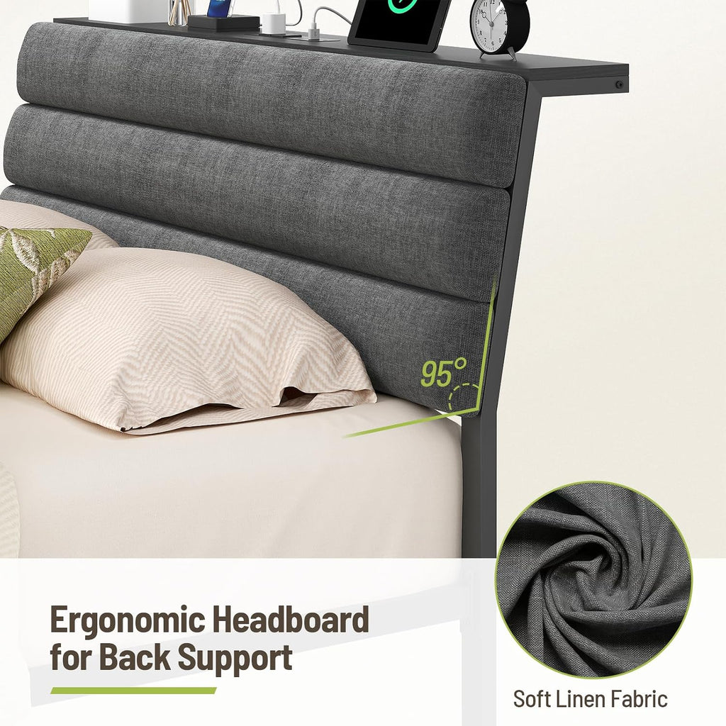 Floating Bed Frame Queen, Platform Bed with LED Lights & Charging Station, Ergonomic Storage Headboard, Heavy Duty Metal Slats, No Box Spring Needed, Easy Assembly, Dark Gray