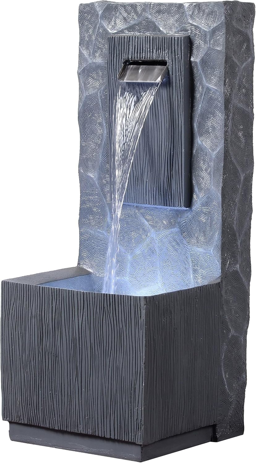 Teamson Home Spa Waterfall Outdoor Water Fountain–Cool Glow Lighting with Adjustable Flow & Electric Pump, Gray