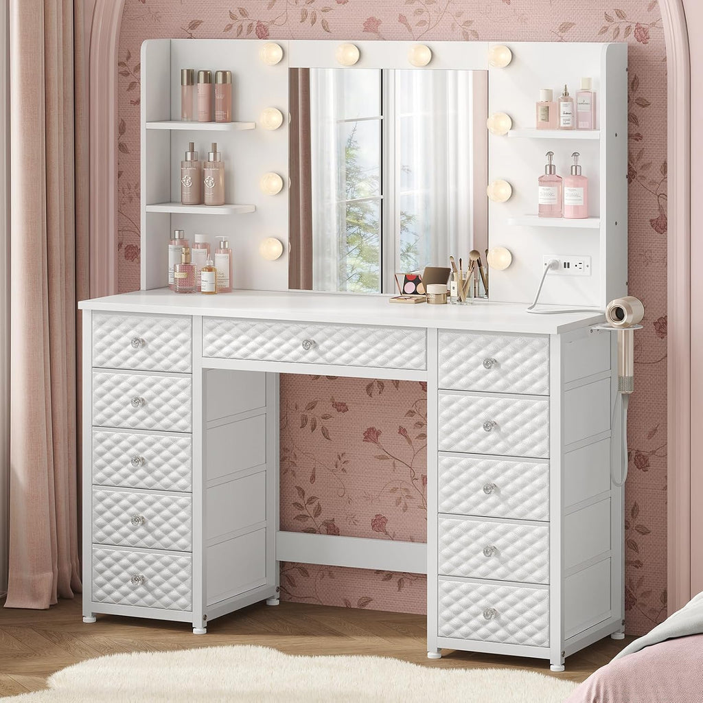 HAUOMS Vanity with Lights and Mirror, 11 Drawer Makeup Vanity with Power Strip, 6 Open Shelves, 43.3' Vanity Desk with Storage, Dressing Table with 3 Color Modes for Bedroom, Women, Girls (White)