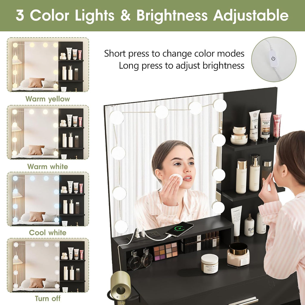 Vabches Small Vanity Desk with Mirror and Lights, Makeup Vanity with Storage Chair & Power Strip,Girl Dressing Table Set with Drawer for Bedroom,3 Lighting Modes,Brightness Adjustable,Black