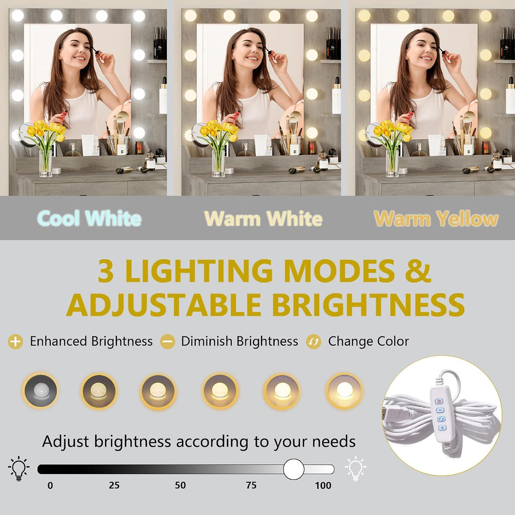 Vanity Desk with Mirror and Lights, Makeup Vanity Table Set with 5 Storage Drawers, Power Outlet & Chair, Small Dressing Table with RGB Ambient Light, Adjustable Brightness for Girls Bedroom, Grey
