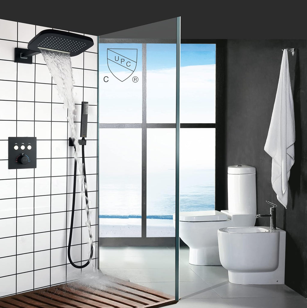 Shower Jets System With Waterfall Rain Shower Head and Handheld (Can Use All Options at A Time), cUPC Certificatin Thermostatic Shower Faucet Fixture Set (Matte Black)