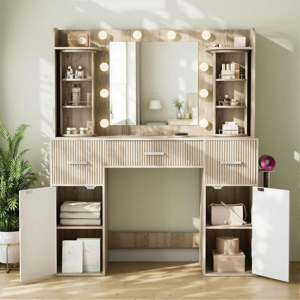 EasyCom Makeup Vanity Desk with Mirror and Lights, Vanity with Rotating Jewelry Organizers, Dressing Table with USB-C Charging Station, 3 Drawers and 2 Cabinets for Bedroom, Dressing Room, Natural Oak