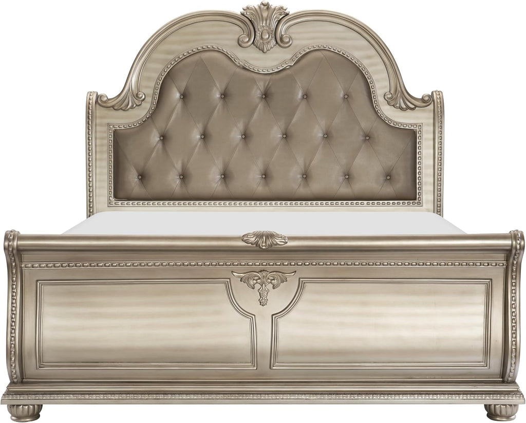 Traditional Classic 4 Pieces California King Size Set Silver Finish Faux Leather Upholstered Bed Classic Design Marble Top Formal Bedroom Furniture