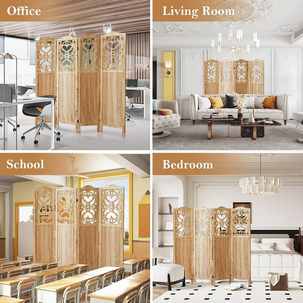 Wood Room Divider 4 Panel 5.6Ft Carved Room Divider and Folding Privacy Screen, Minimalism Portable Partition Screen Divider for Room Separation, Room Decoration for Home Office - Natural