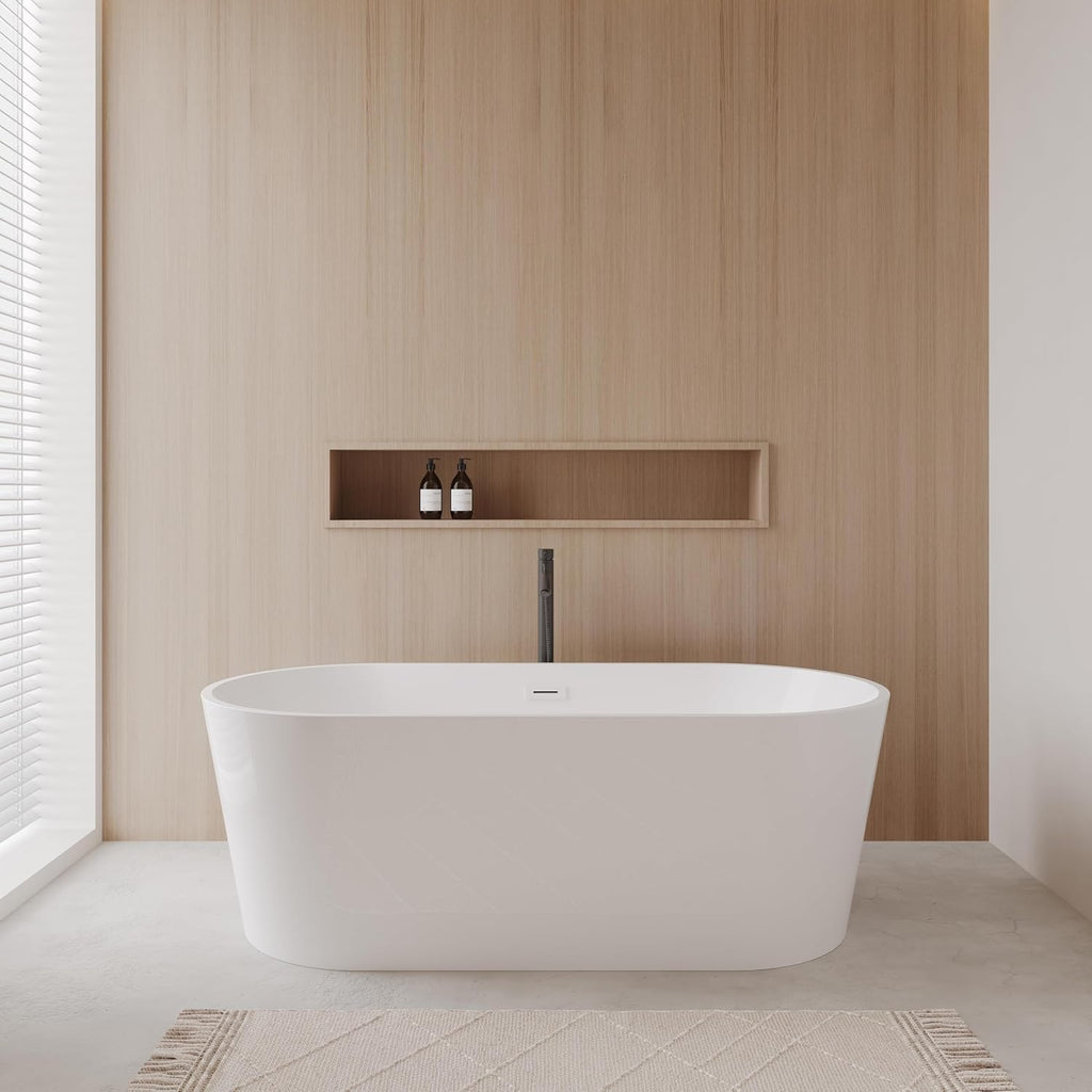 Carissa 67 Inch Freestanding Bathtub in White with Shiny White Trim and Floor Mounted Faucet in Matte Black