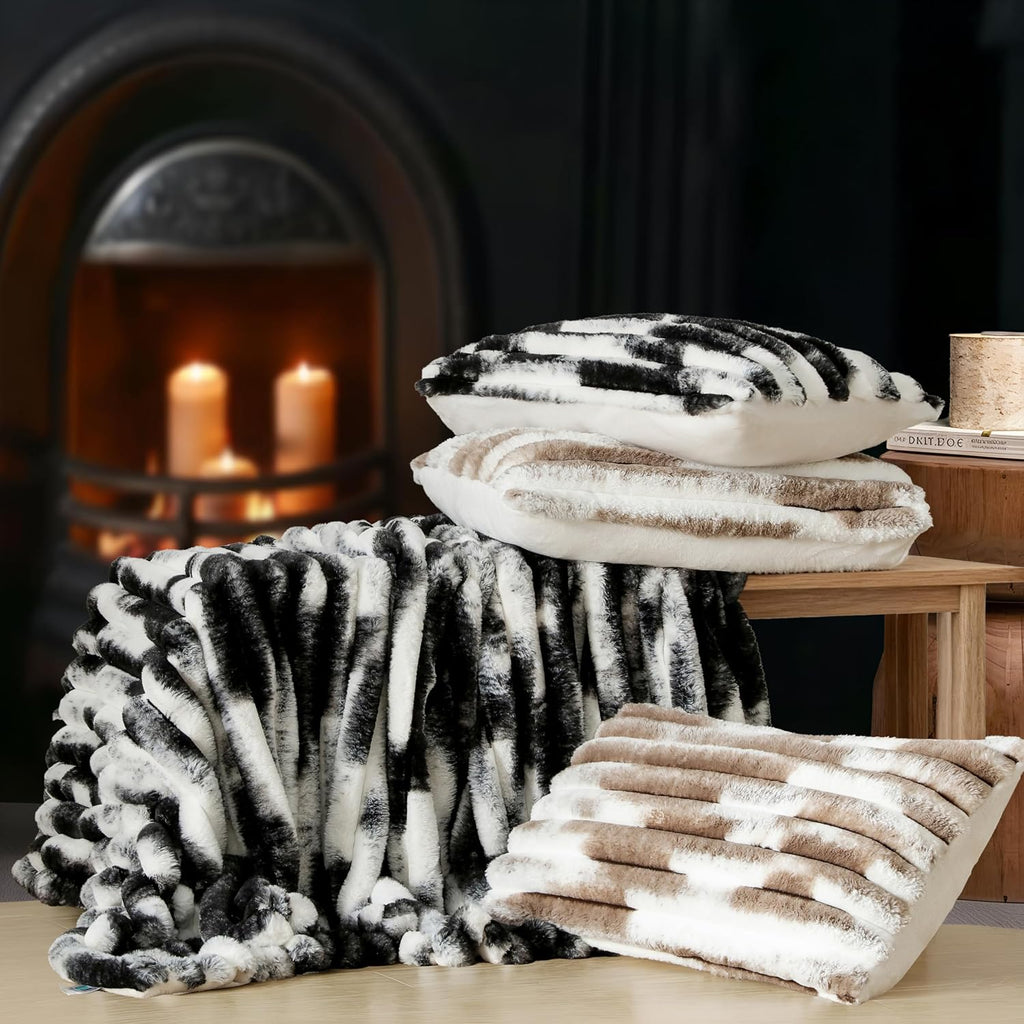 Wonderful Fluffy Faux Rabbit Fur Comforter Set King Size, Striped Stitching Tie-Dye Black Plush Fuzzy Bedding Set 3 Pieces, Warm Soft Comforter Bedding Set for Winter, 104'x90'