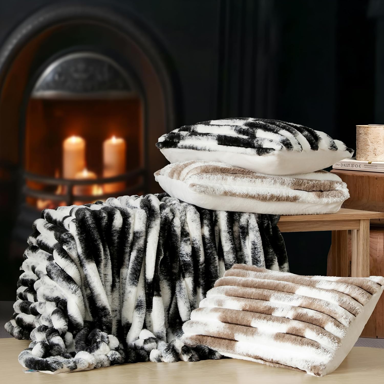 Wonderful Fluffy Faux Rabbit Fur Comforter Set King Size, Striped Stitching Tie-Dye Black Plush Fuzzy Bedding Set 3 Pieces, Warm Soft Comforter Bedding Set for Winter, 104'x90'