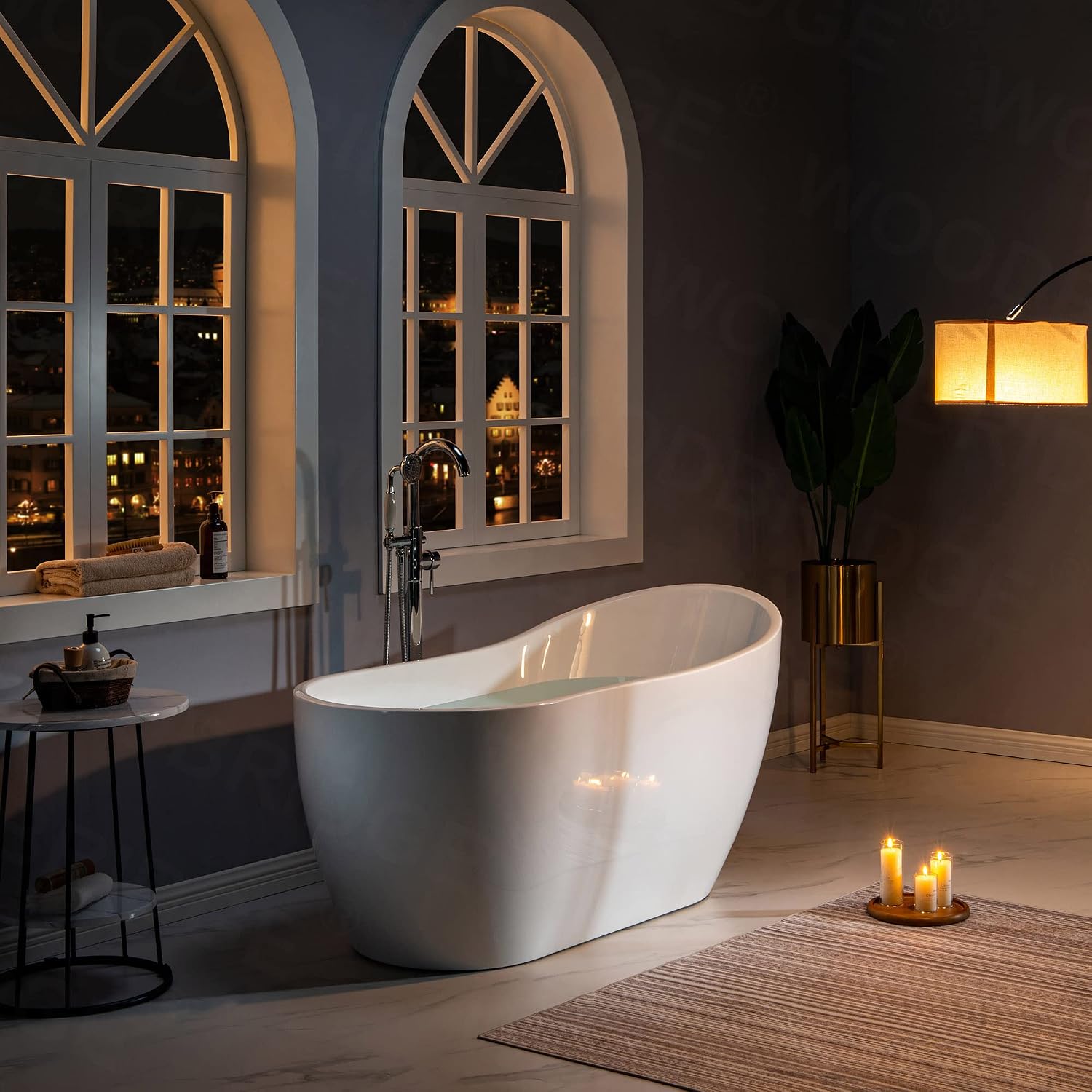 WOODBRIDGE 59' Acrylic Freestanding Bathtub Contemporary Soaking White Tub with Oil Rubbed Bronze Overflow and Drain,White,B1530 ORB