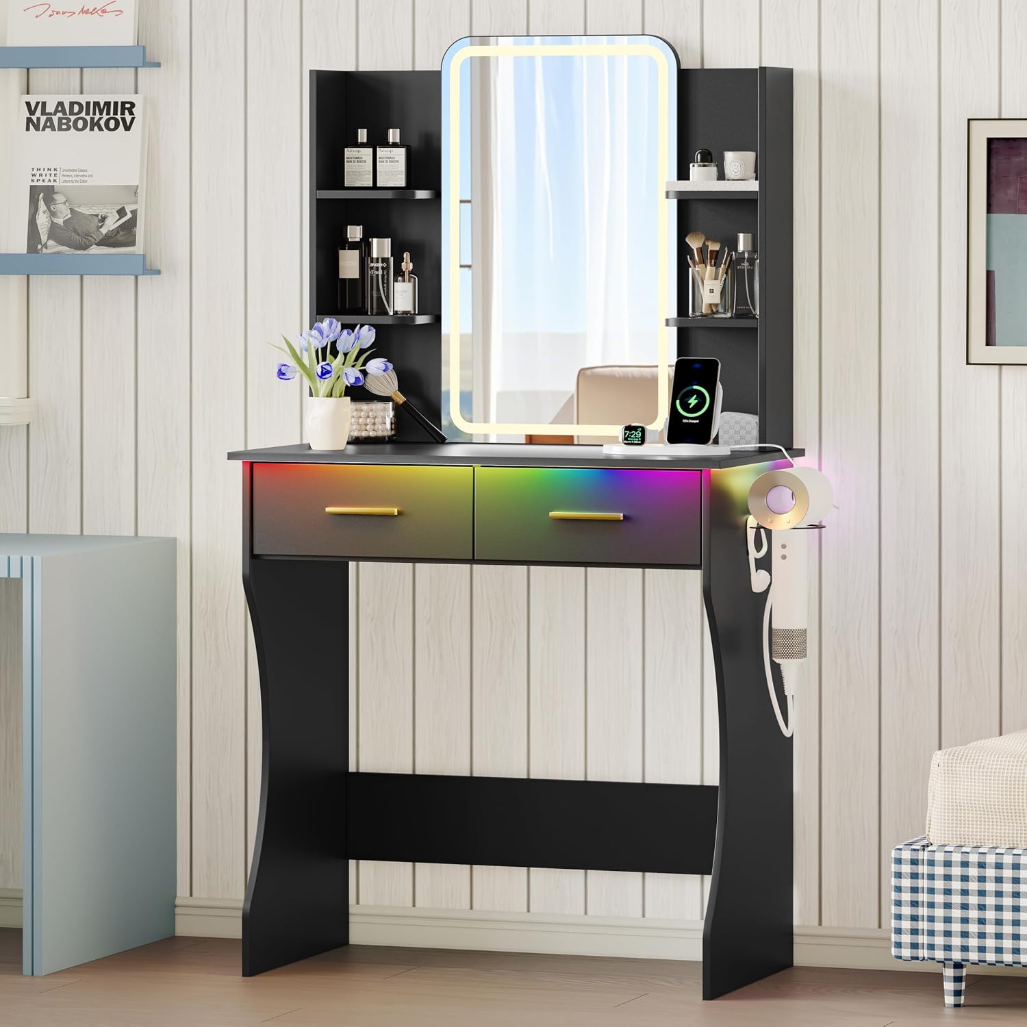 Vanity Desk with LED Lights Mirror & Power Outlet, Small Makeup Vanity Table Set with Storage Drawers, 3 Lighting Modes & Adjustable Brightness, Dressing Table for Women Girls Bedroom, Black(NO Stool)