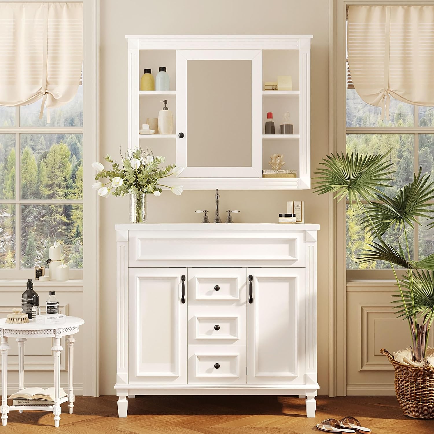Merax Medicine Cabinet with Mirror, Wall Mount Bathroom Cabinet 35' x 28' Over Toilet Storage Cabinet Organizer with Door and Open Shelves, Mirrored Bathroom Wall Cabinet