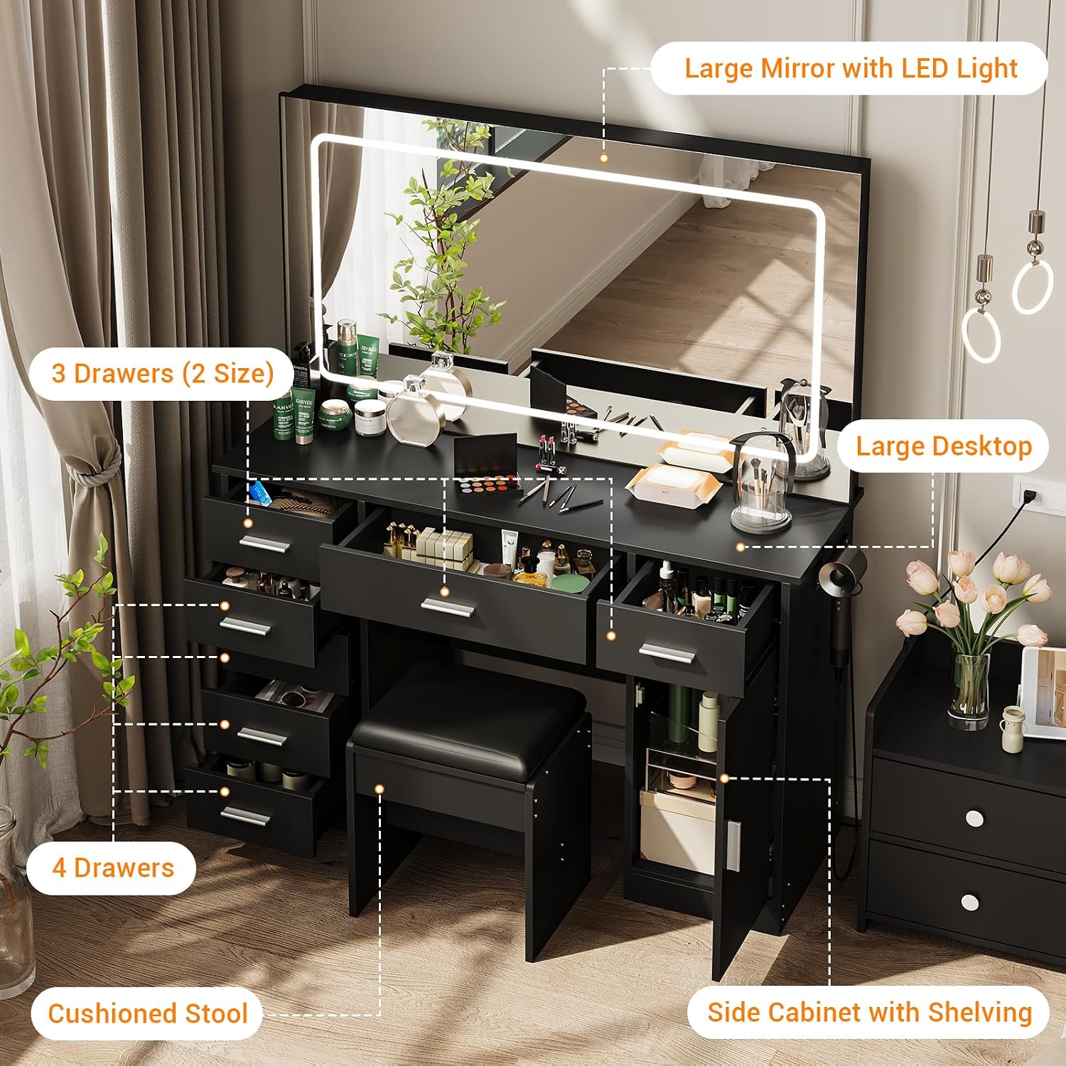 IDEALHOUSE Vanity Desk with Mirror and Lights, White Makeup Vanity with 7 Drawers, 3 Light Mode and Brightness Adjusted, Dressing Table with Hairdryer Holder for Bedroom