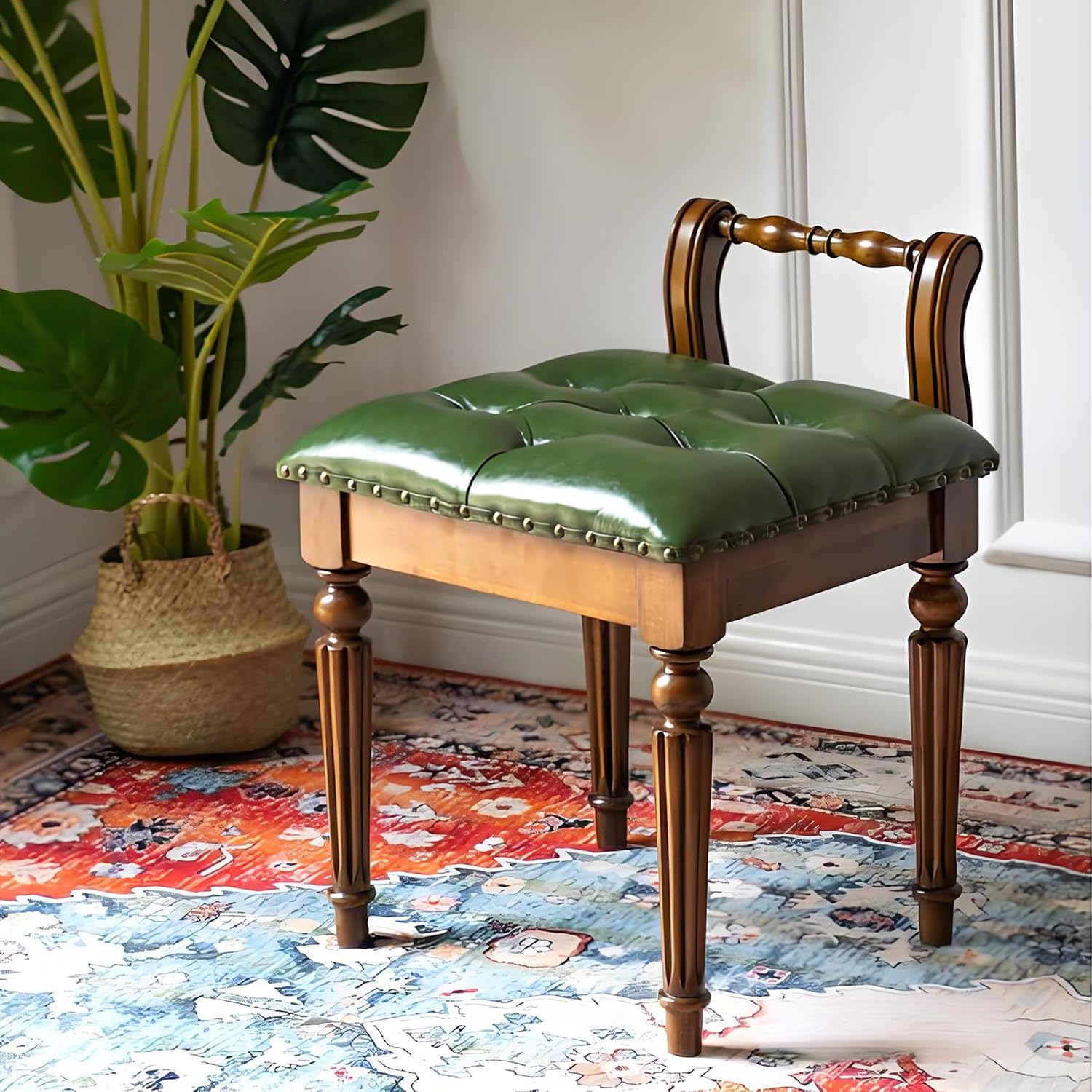 Domesto Low Back Vanity Bench Stool with Padded Cushion, Leather Retro Makeup Stool, Solid Wood Carving Legs Piano Bench (Blue)
