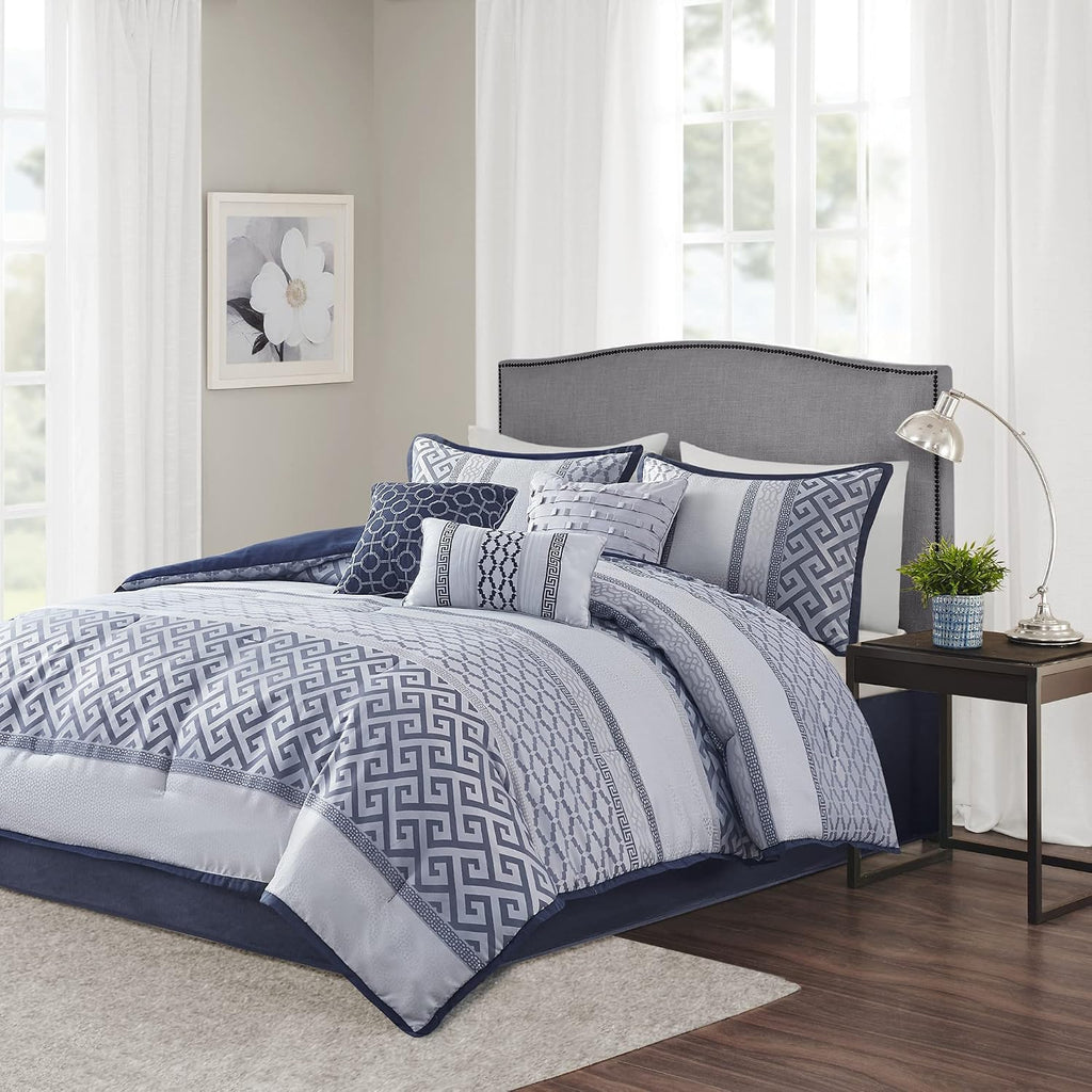 Madison Park Luxury Comforter Set-Traditional Jacquard Design All Season Down Alternative Bedding, Matching Bedskirt, Decorative Pillows, Cal King(104'x92'), Bennett, Geometric Navy 7 Piece