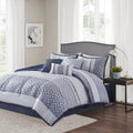 Madison Park Luxury Comforter Set-Traditional Jacquard Design All Season Down Alternative Bedding, Matching Bedskirt, Decorative Pillows, Cal King(104'x92'), Bennett, Geometric Navy 7 Piece
