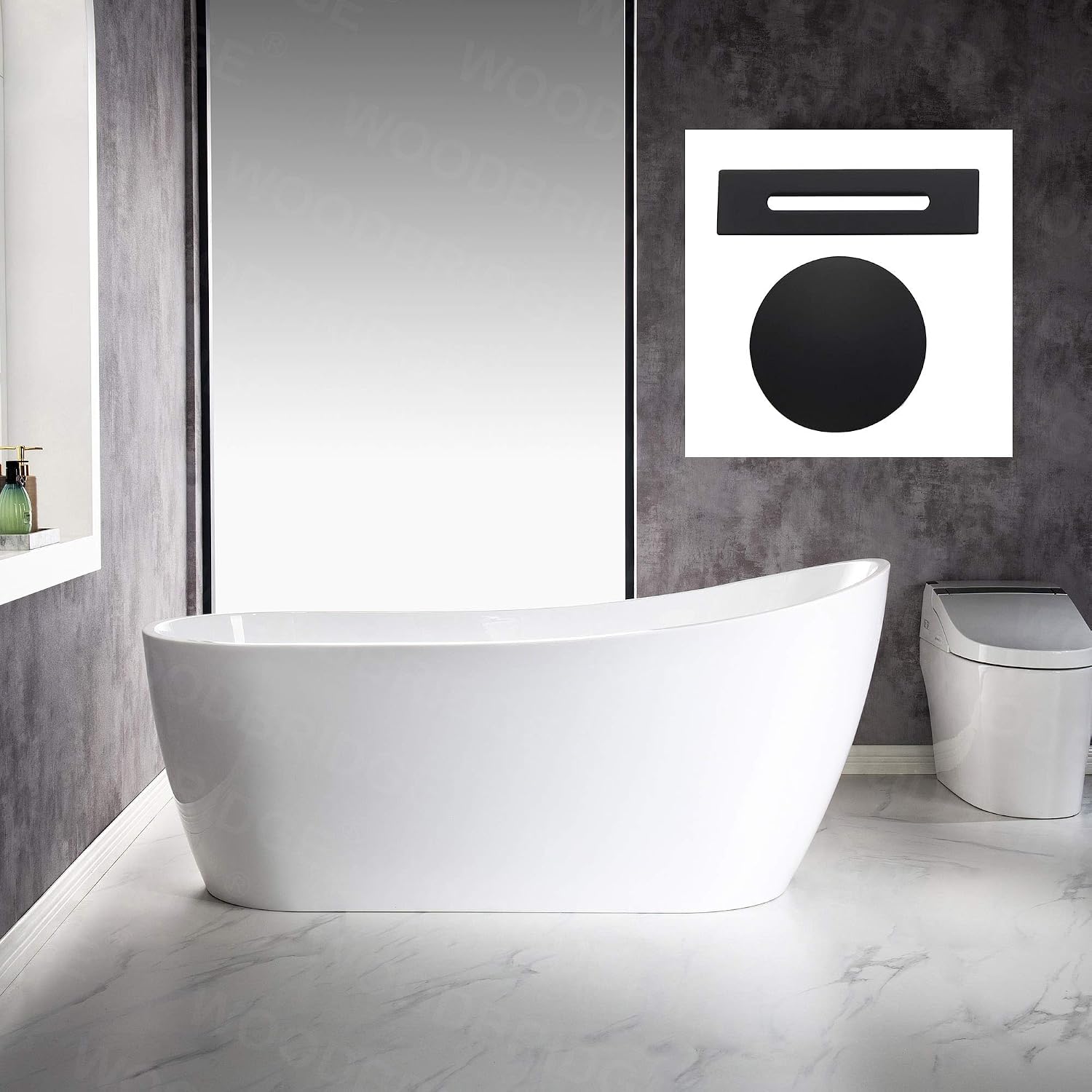 WOODBRIDGE 67'Freestanding White Acylic Soaking Bathtub with White Pillow,Drain and Overflow in Matte Black,BTA1508 -MB-Drain &O+ Pillow