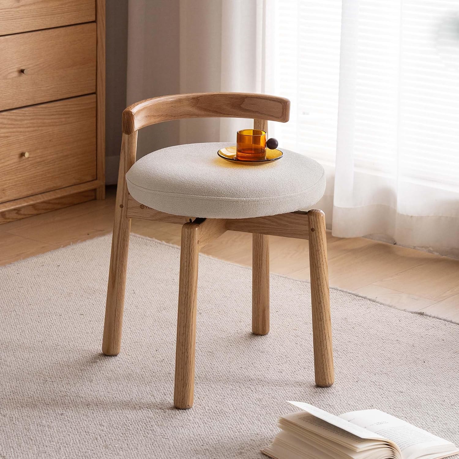 YESWOOD Oak Wood Vanity Stool, 360 Swivel Chair for Makeup Room, Fully Assembled Makeup Chair, Vanity Bench for Bathroom & Living Room, Natural Wood