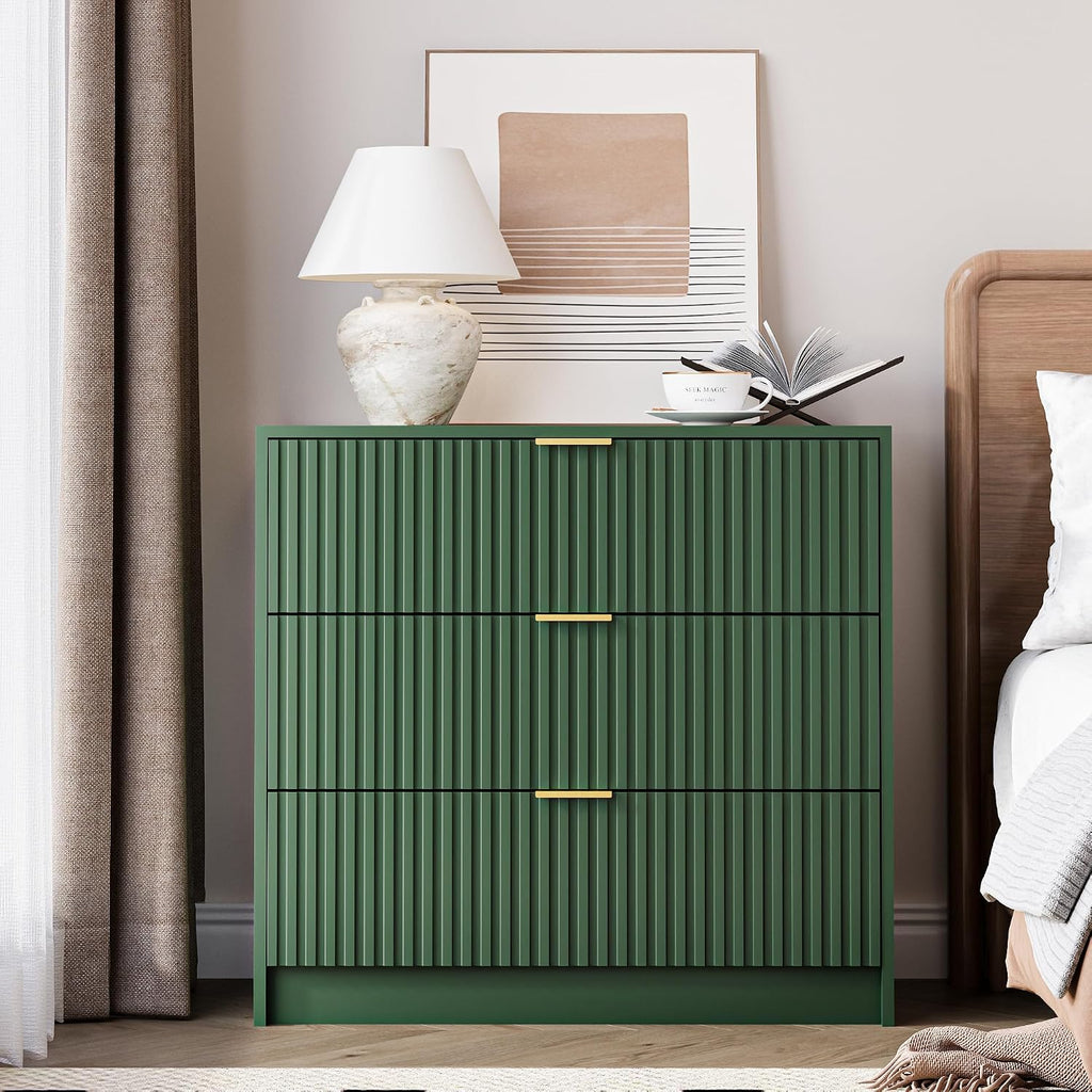 MAISONARIA 3-Piece Dresser Bedroom Set, 9 Drawer Dresser & 3 Drawer Nightstands with Gold Handles, Fluted Wood Chest of Drawers for Bedroom, Living Room, Entryway, Green