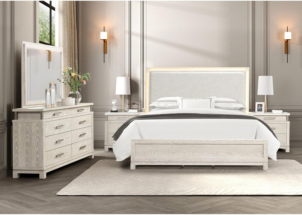 Furniture of America Bailer Modern Solid Wood 5-Piece Bedroom Set with LED on Headboard, Stainless Steal Posts and Marble Top on Nightstand, Box Spring Needed, King, Weathered Gray