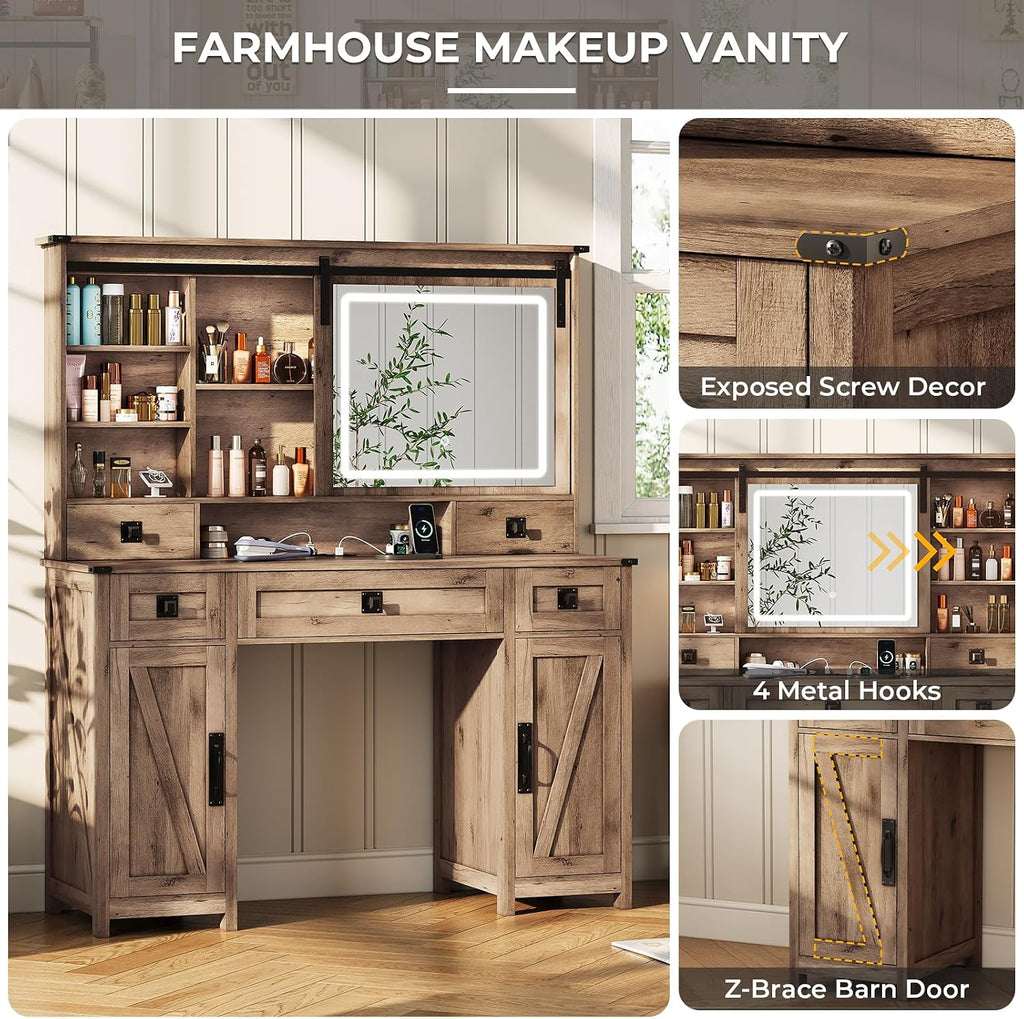 MSmask Makeup Vanity Desk with Lights, 47.2' Farmhouse Vanity Table with Sliding Mirror & Charging Station, Large Makeup Desk with 5 Drawers & 2 Cabinets, Rustic Oak