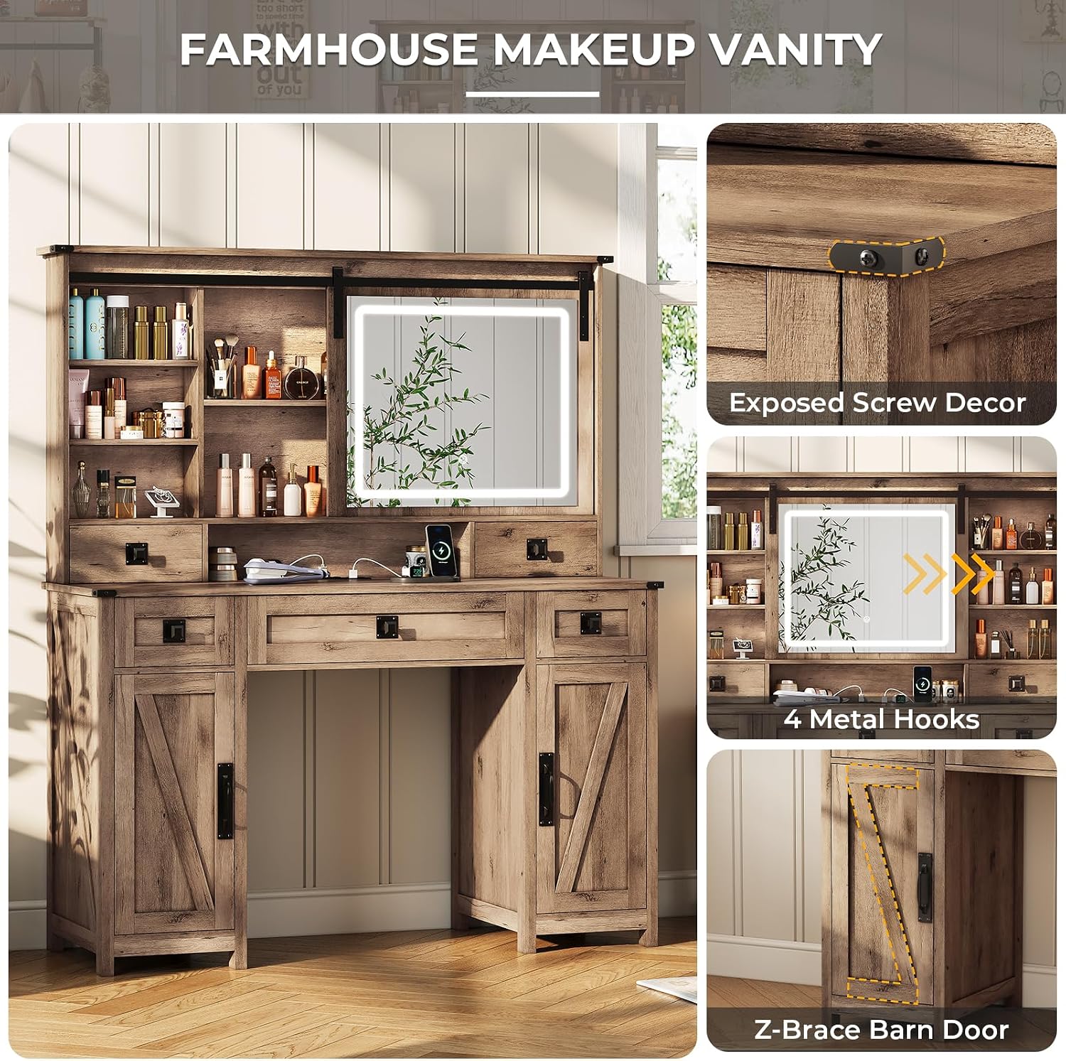MSmask Makeup Vanity Desk with Lights, 47.2' Farmhouse Vanity Table with Sliding Mirror & Charging Station, Large Makeup Desk with 5 Drawers & 2 Cabinets, Rustic Oak