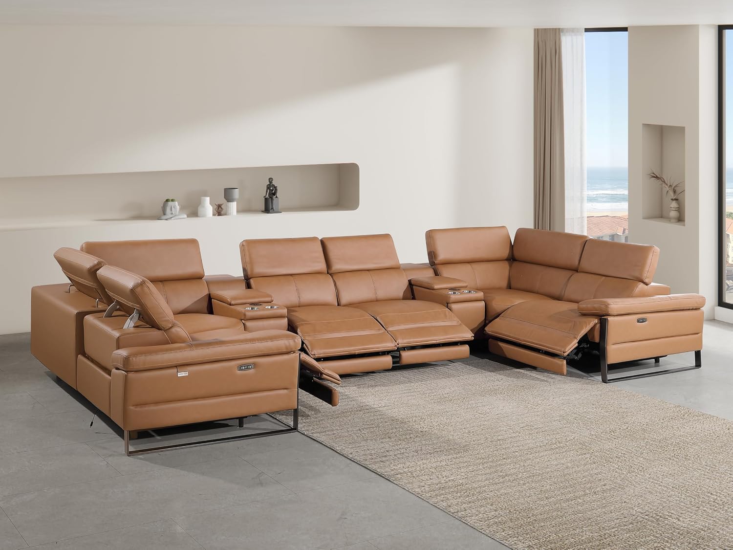 BlackJack Furniture Antonio 8 Piece U Shaped Power Reclining Sectional Sofa, Modular Couch with Top Grain Italian Leather, 4 Electric Recliners, USB & Wireless Chargers, Storage Console, Cognac
