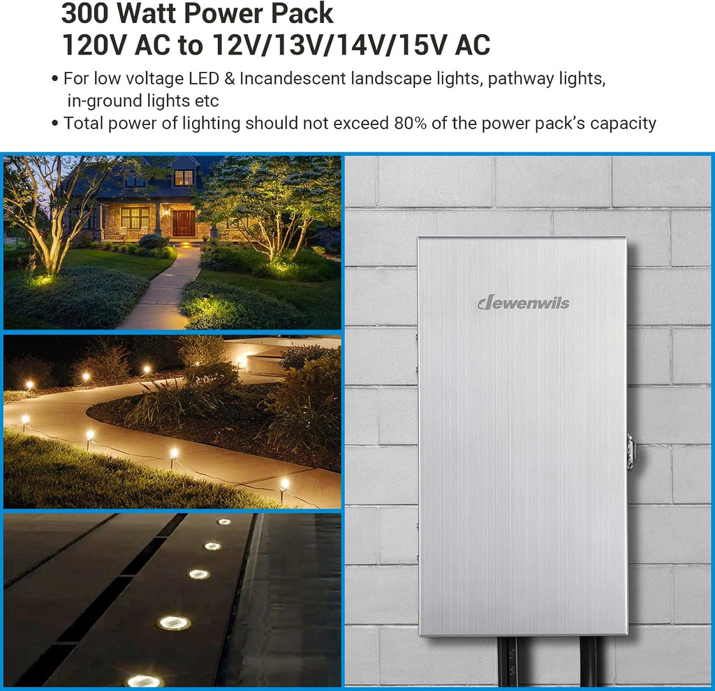 DEWENWILS 300W Multi-Tap Low Voltage Transformer, 120V AC to 12V/13V/14V/15V AC,Stainlees Steel Shield, Outdoor Transformer for Low Voltage Landscape Lighting, Spotlight, Pathway Light, ETL Listed…