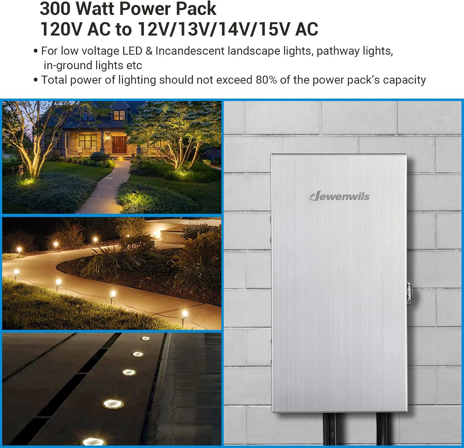 DEWENWILS 300W Multi-Tap Low Voltage Transformer, 120V AC to 12V/13V/14V/15V AC,Stainlees Steel Shield, Outdoor Transformer for Low Voltage Landscape Lighting, Spotlight, Pathway Light, ETL Listed…