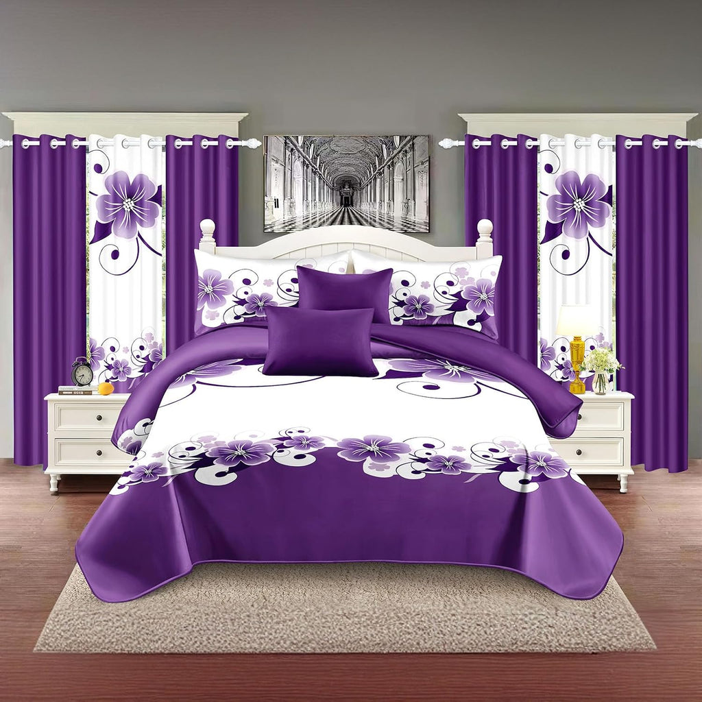 XinYunKeJiShop Reylox 9-Piece Cal King Comforter Set with Curtains | Purple Floral | Microfiber RV & Elegant Living