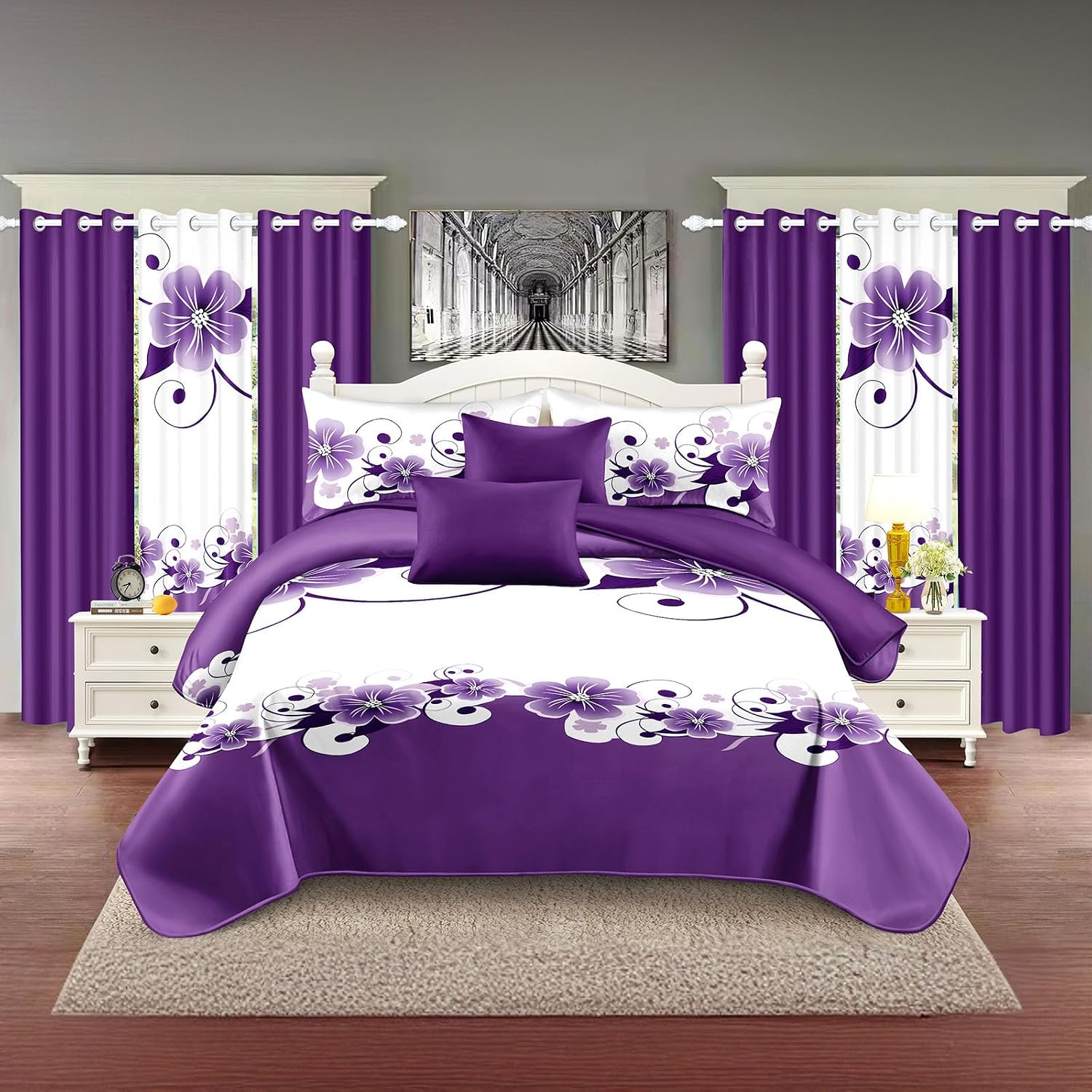 XinYunKeJiShop Reylox 9-Piece Cal King Comforter Set with Curtains | Purple Floral | Microfiber RV & Elegant Living