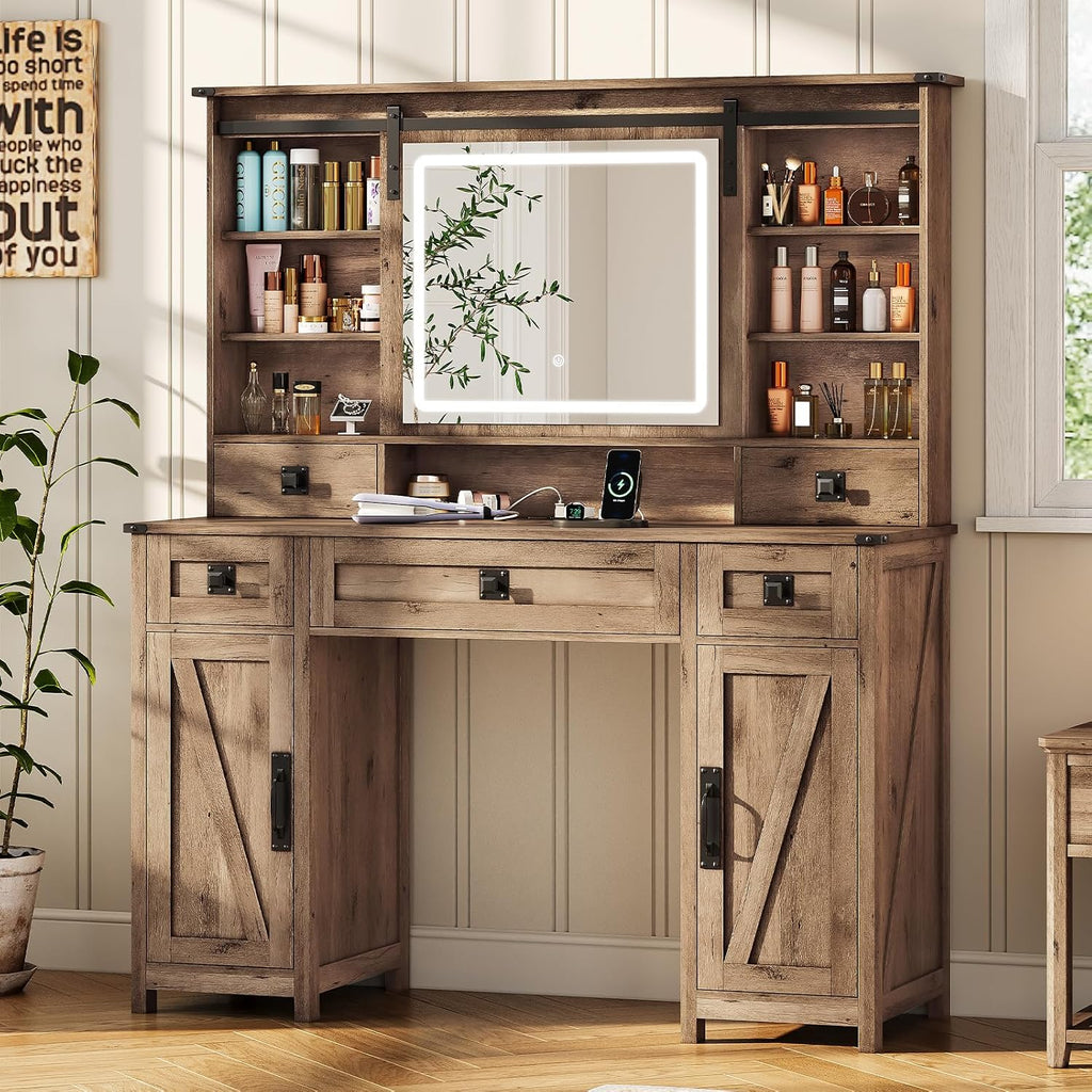 MSmask Makeup Vanity Desk with Lights, 47.2' Farmhouse Vanity Table with Sliding Mirror & Charging Station, Large Makeup Desk with 5 Drawers & 2 Cabinets, Rustic Oak