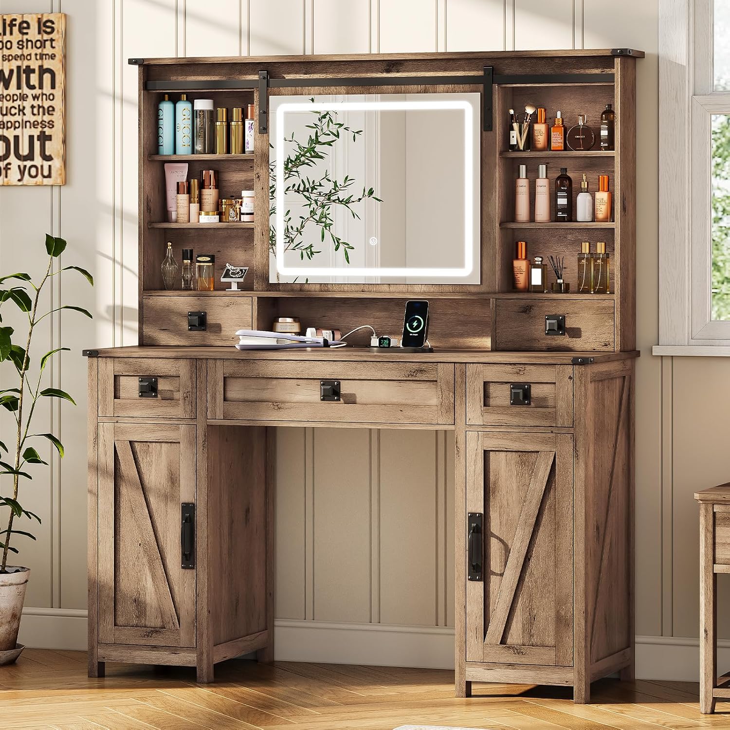 MSmask Makeup Vanity Desk with Lights, 47.2' Farmhouse Vanity Table with Sliding Mirror & Charging Station, Large Makeup Desk with 5 Drawers & 2 Cabinets, Rustic Oak