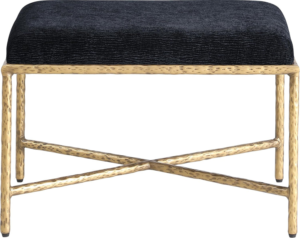 Meridian Furniture 22061Black Valley Collection Modern | Contemporary Bench with Soft Black Chenille Fabric, Brushed Brass Forged Iron Metal Legs and Frame, 25' W x 18' D x 18' H, Black