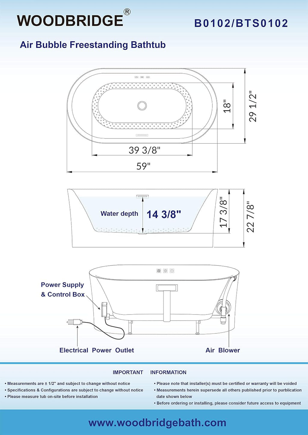 WOODBRIDGE 59' Acrylic Freestanding Bathtub Contemporary Soaking White Tub with Oil Rubbed Bronze Overflow and Drain,B0102-ORB