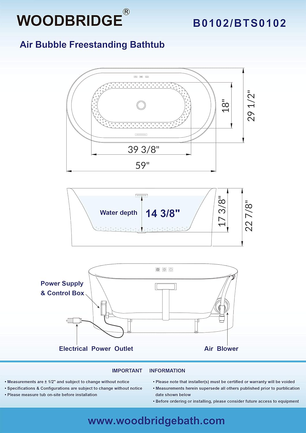 WOODBRIDGE 59' Acrylic Freestanding Bathtub Contemporary Soaking White Tub with Oil Rubbed Bronze Overflow and Drain,B0102-ORB